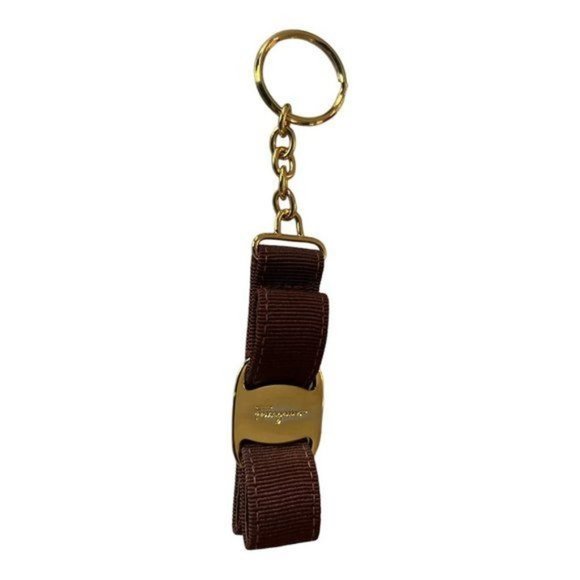 SALVATORE FERRAGAMO: Brown/Gold "Vera Bow" Logo Key Chain
